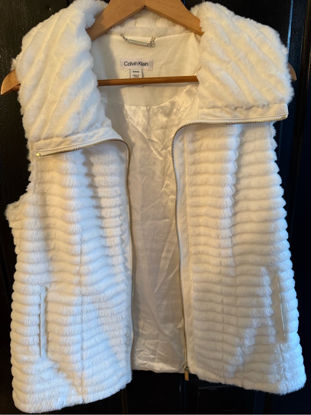 Calvin Klein White Faux Fur Ribbed Zip-Front Vest